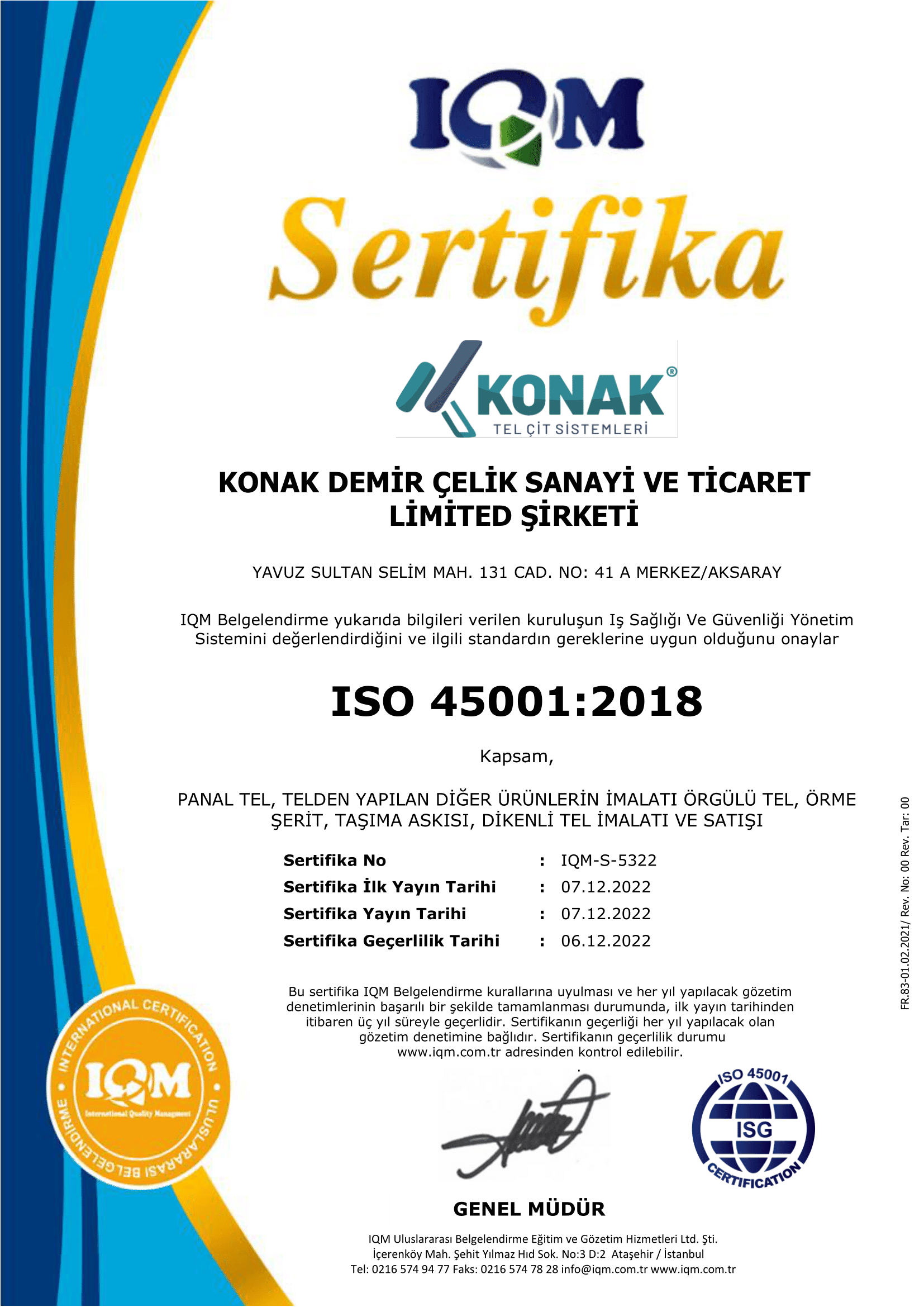 ISO 45001:2018 — İş Sağlığı ve Güvenliği Yönetim Sistemi
